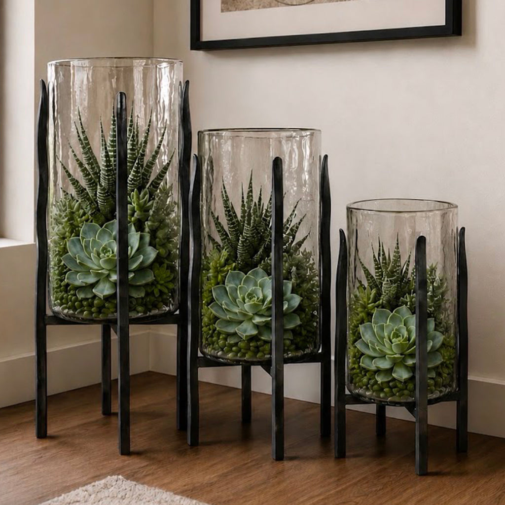 Granulated Clear Glass Cylinder on Tower Base - Medium