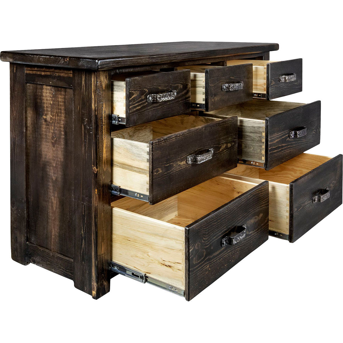 Lima Sawn 7 Drawer Dresser with Iron & Jacobean Stain