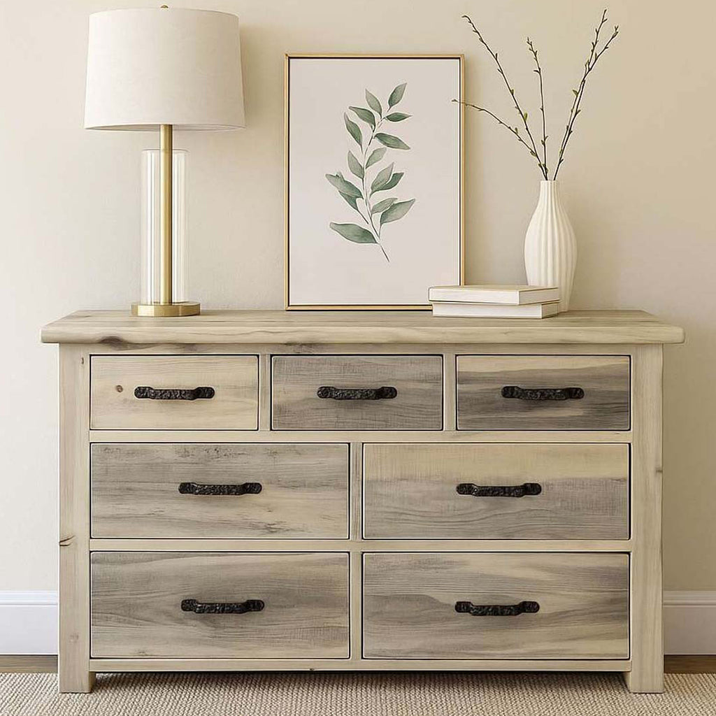 Lima Sawn 7 Drawer Dresser with Iron & Clear Lacquer