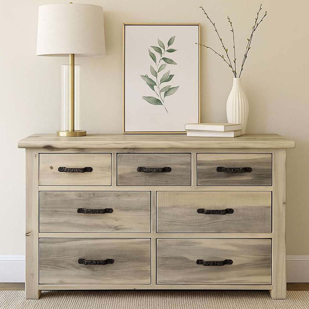 Lima Sawn 7 Drawer Dresser with Iron & Clear Lacquer