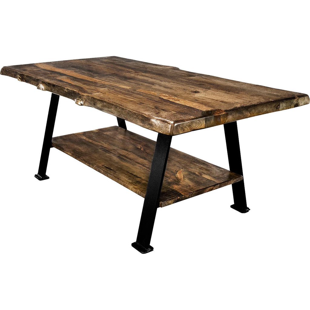 Lima Live Edge Coffee Table with Shelf & Forged Iron Legs - Provincial Stain