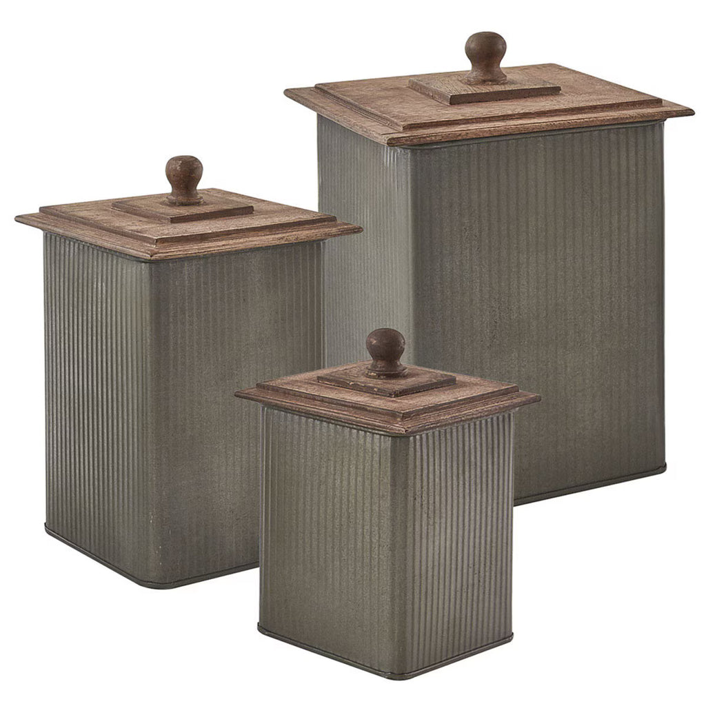 Iron Canisters with Wood Lids - Set of 3