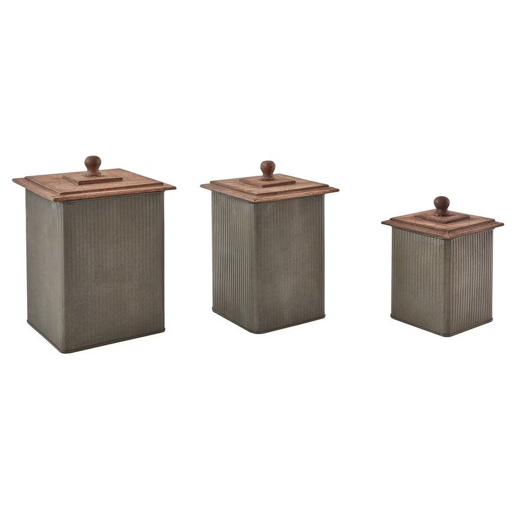 Iron Canisters with Wood Lids - Set of 3