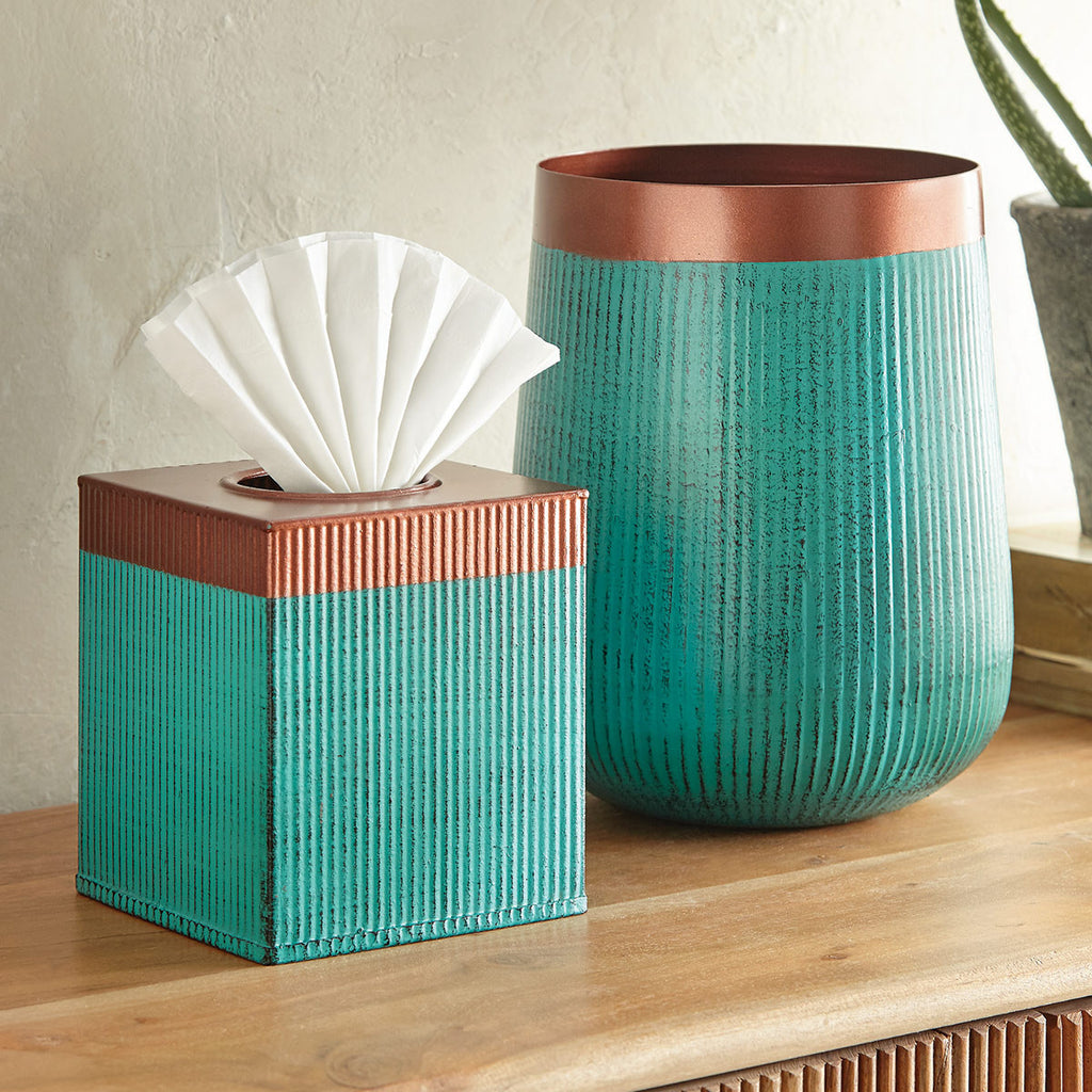 Turquoise & Copper Metal Waste Basket - SALE