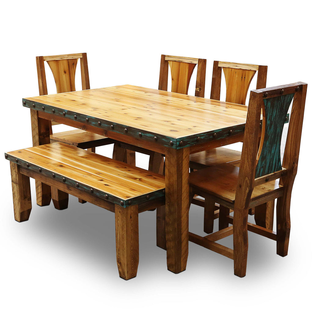 Barnwood Azul Table & Chairs with Bench and Nailheads - 6 pcs