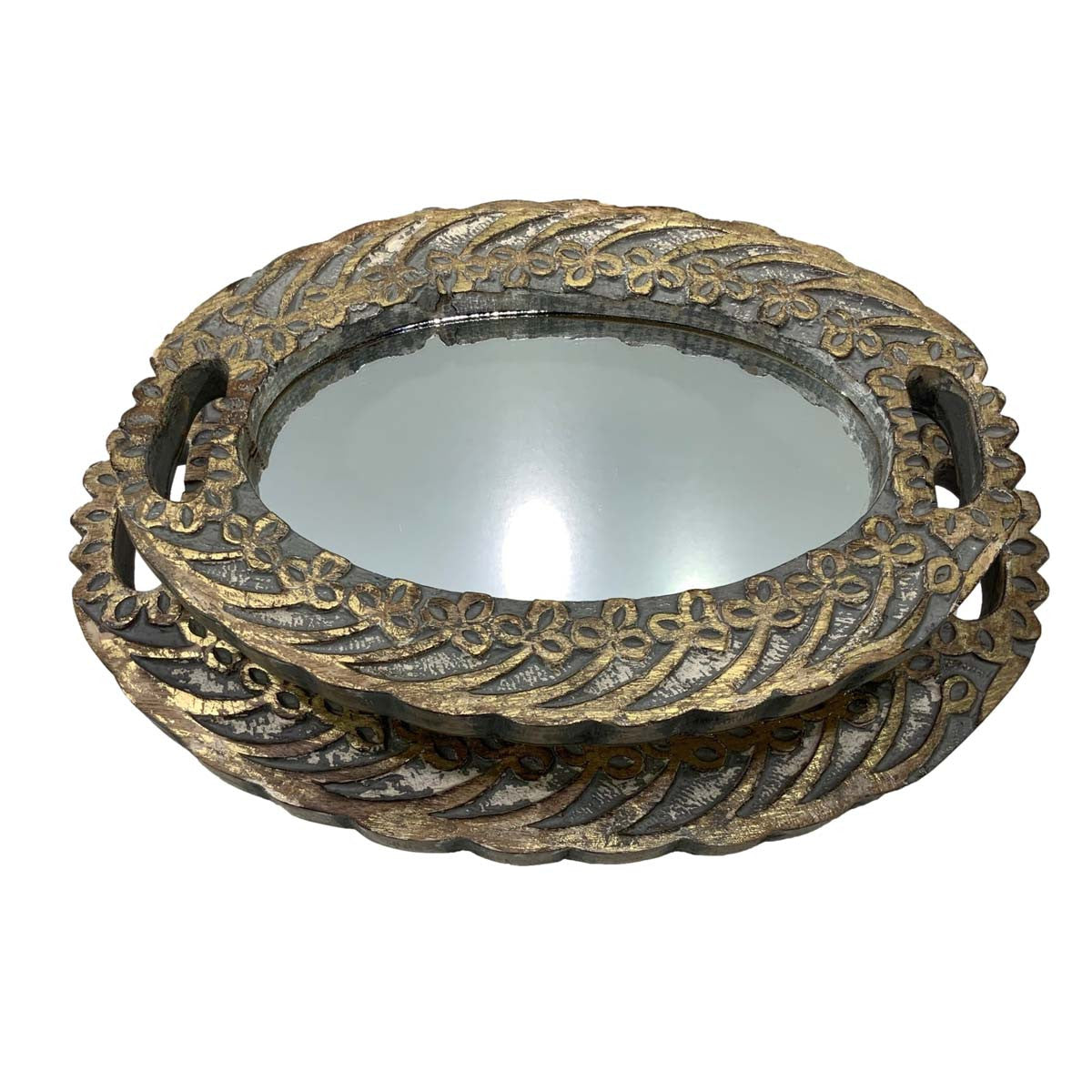 Etched Vintage Gray Mirror Trays - Set of 2