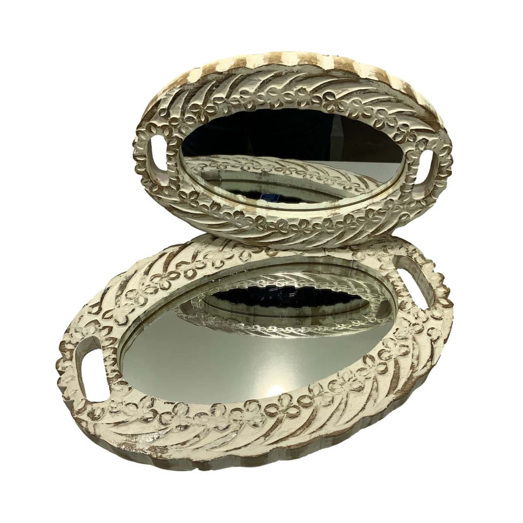 Etched Vintage White Mirror Trays - Set of 2