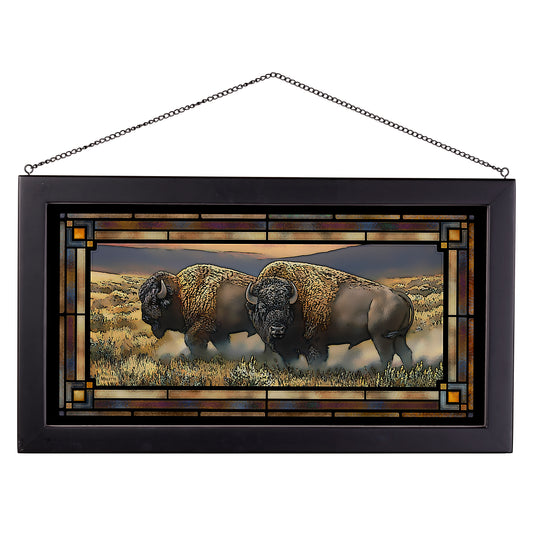 Golden Bison Stained Glass Art - Black Frame