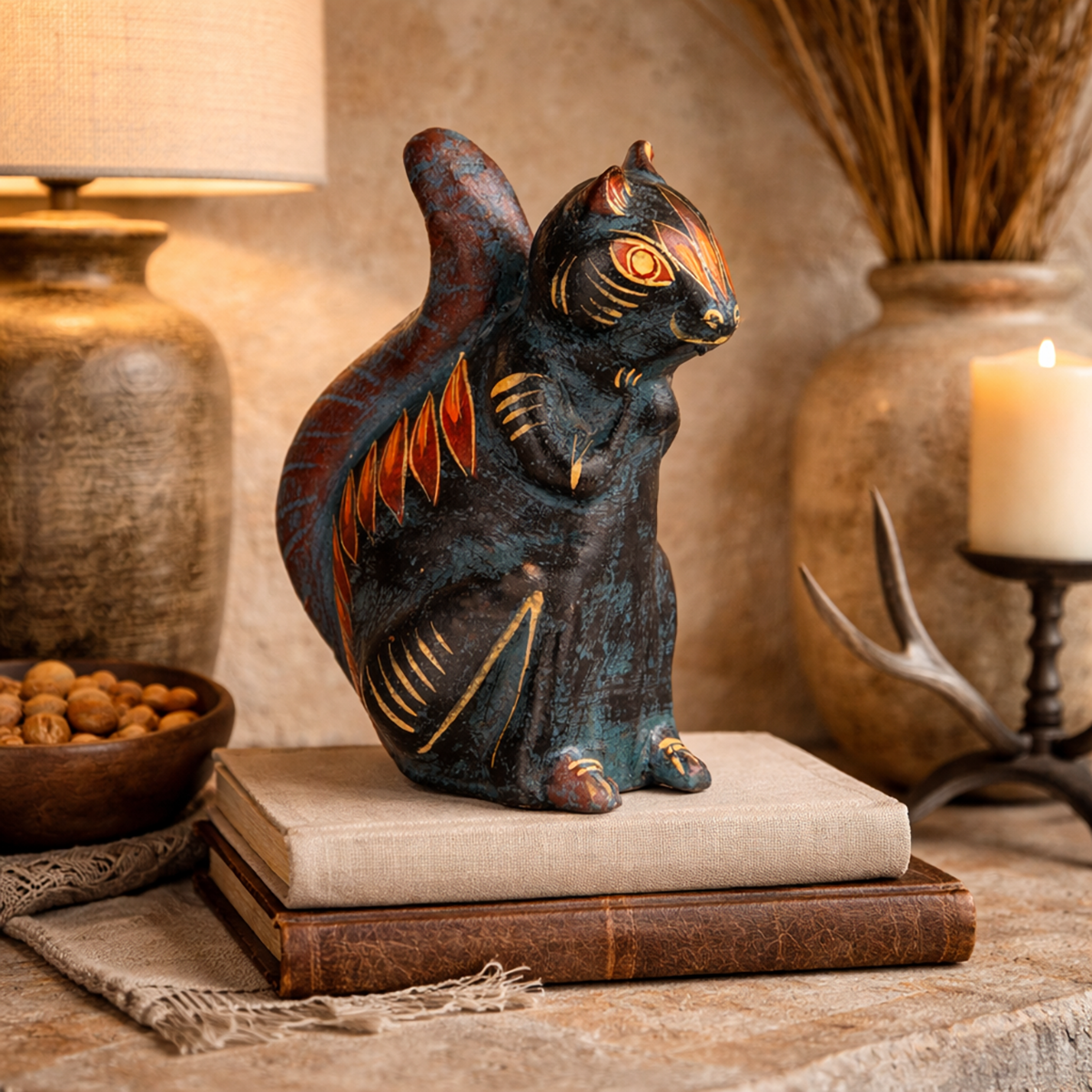 Midnight Fiesta Clay Squirrel Sculpture