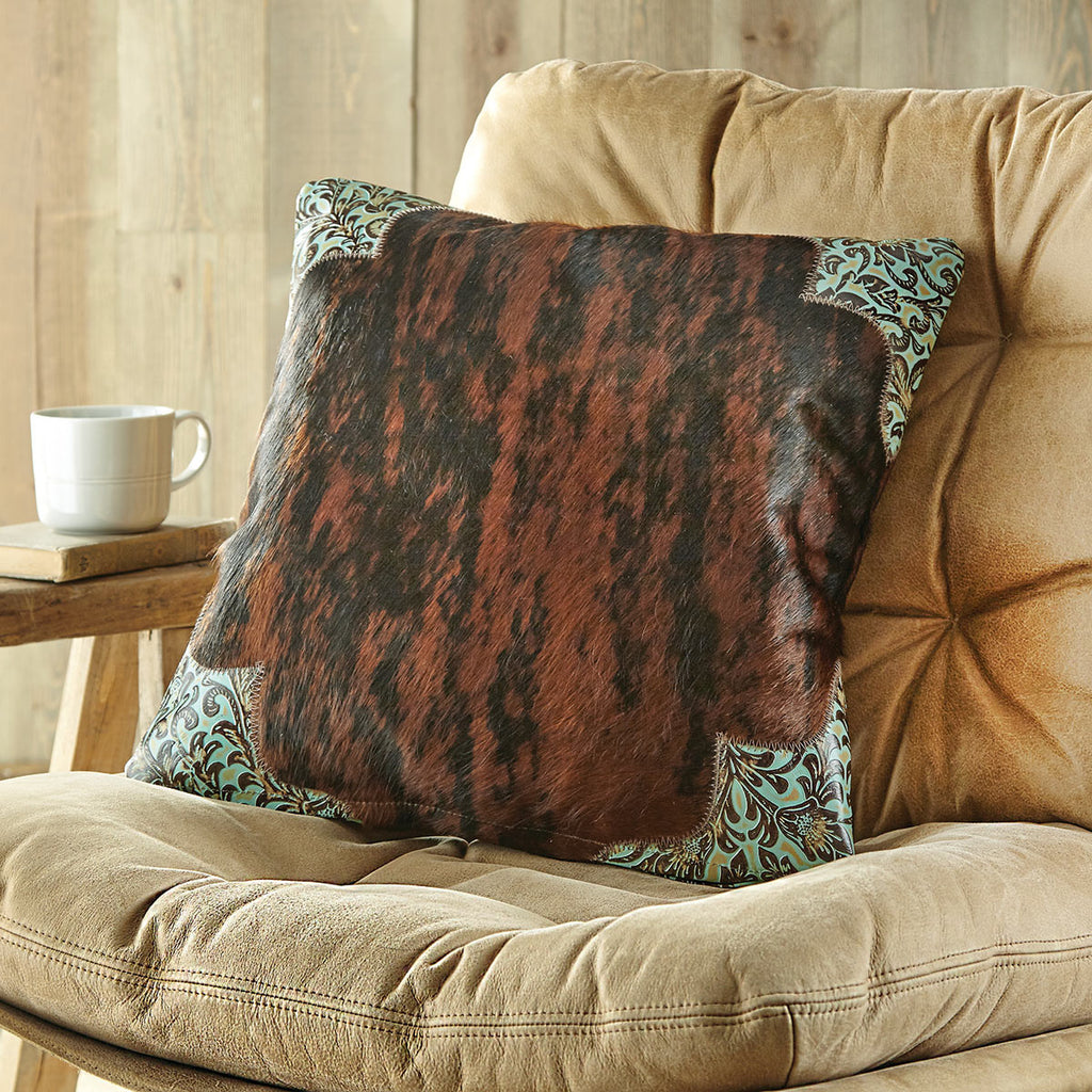 Highland & Teal Floral Cowhide Pillow - Medium