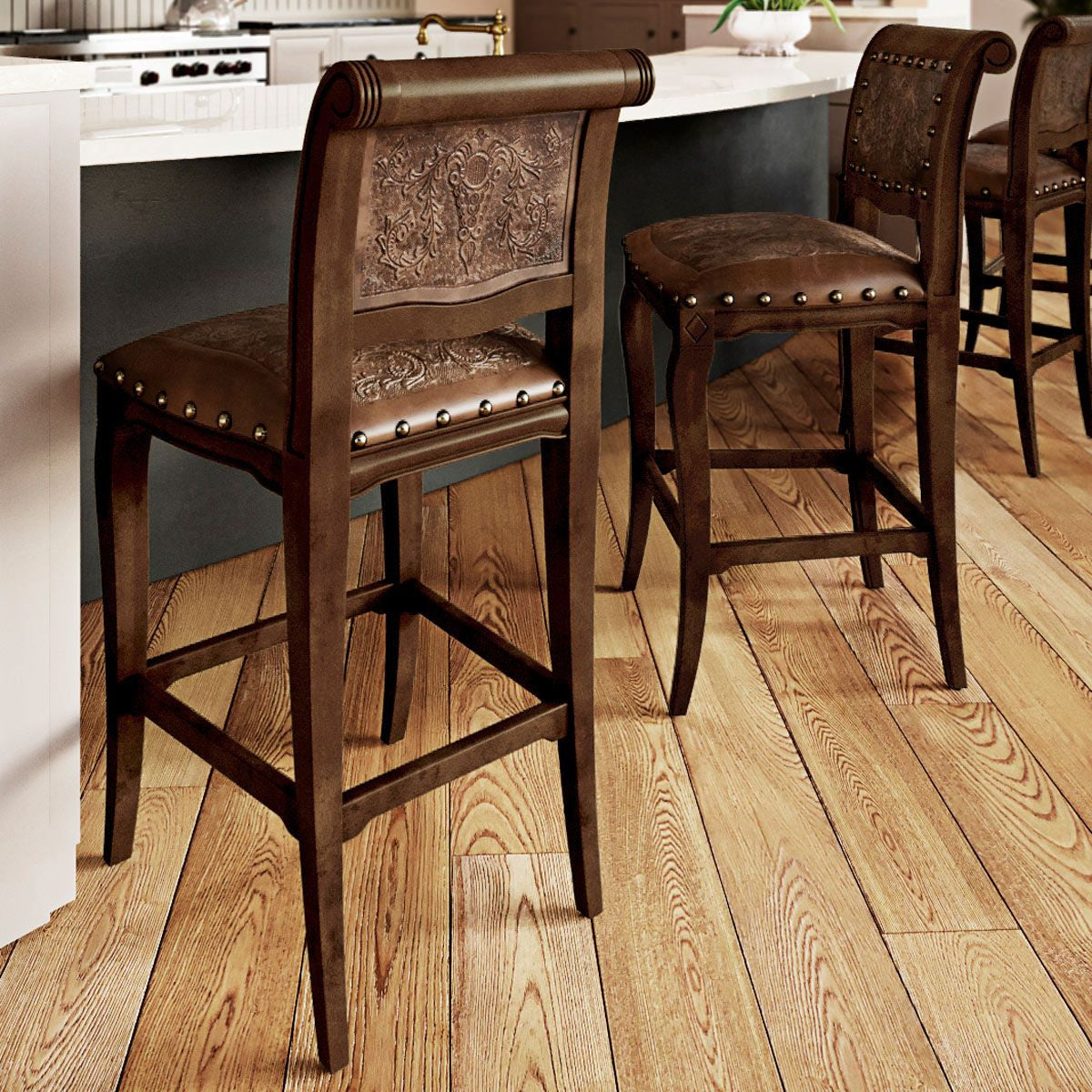 Imperial Barstool with Antique Brown Tooled Leather - Set of 3