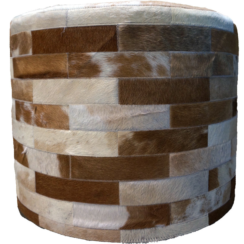 Light Brown Round Cowhide Ottoman - 24 Inch