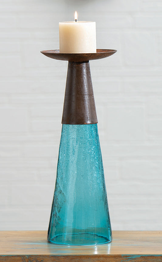 Reversible Candle Holder / Vase with Crackled Turquoise Glass and Candle - Small