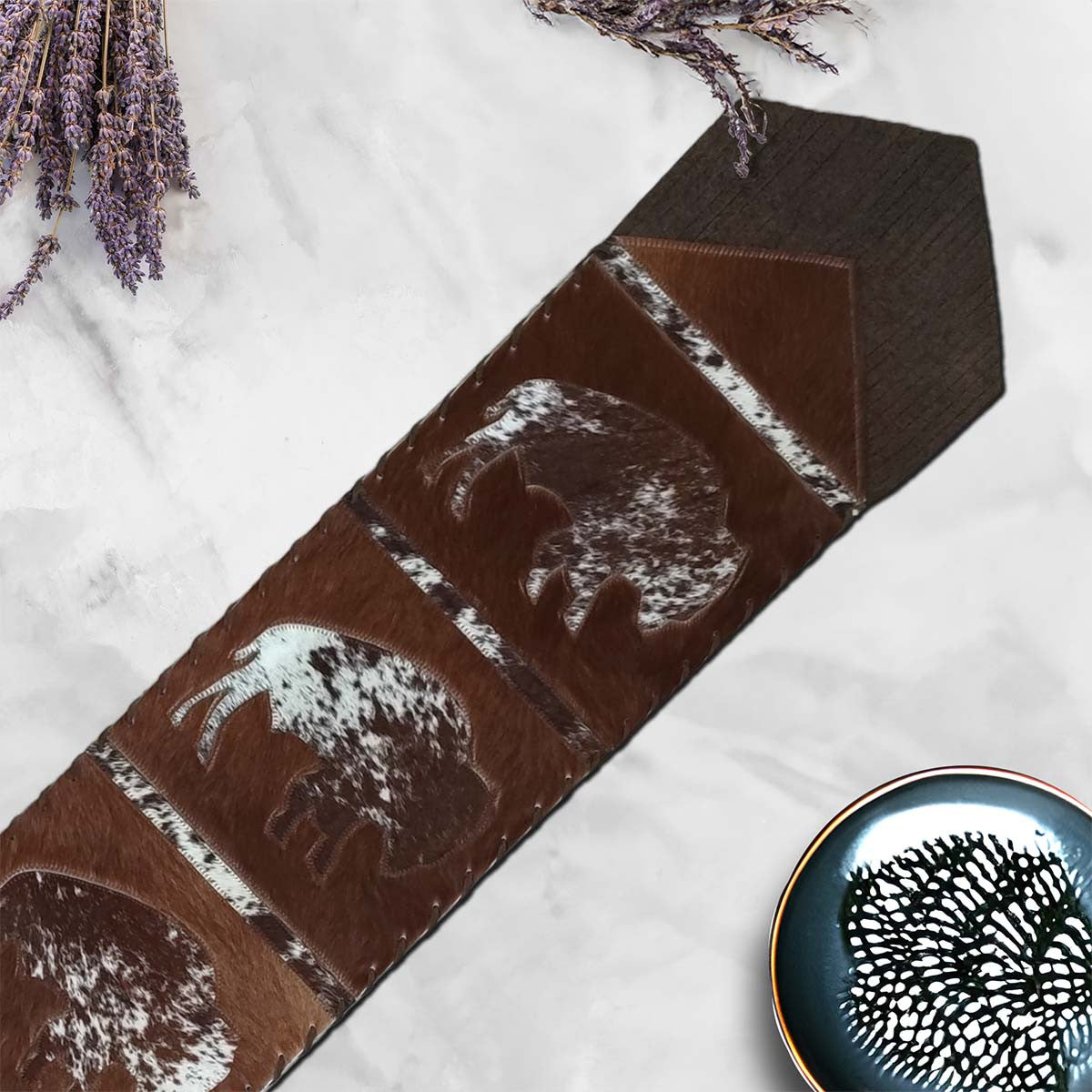 Fringed Roaming Bison Dark Leather Table Runner - 96 Inch