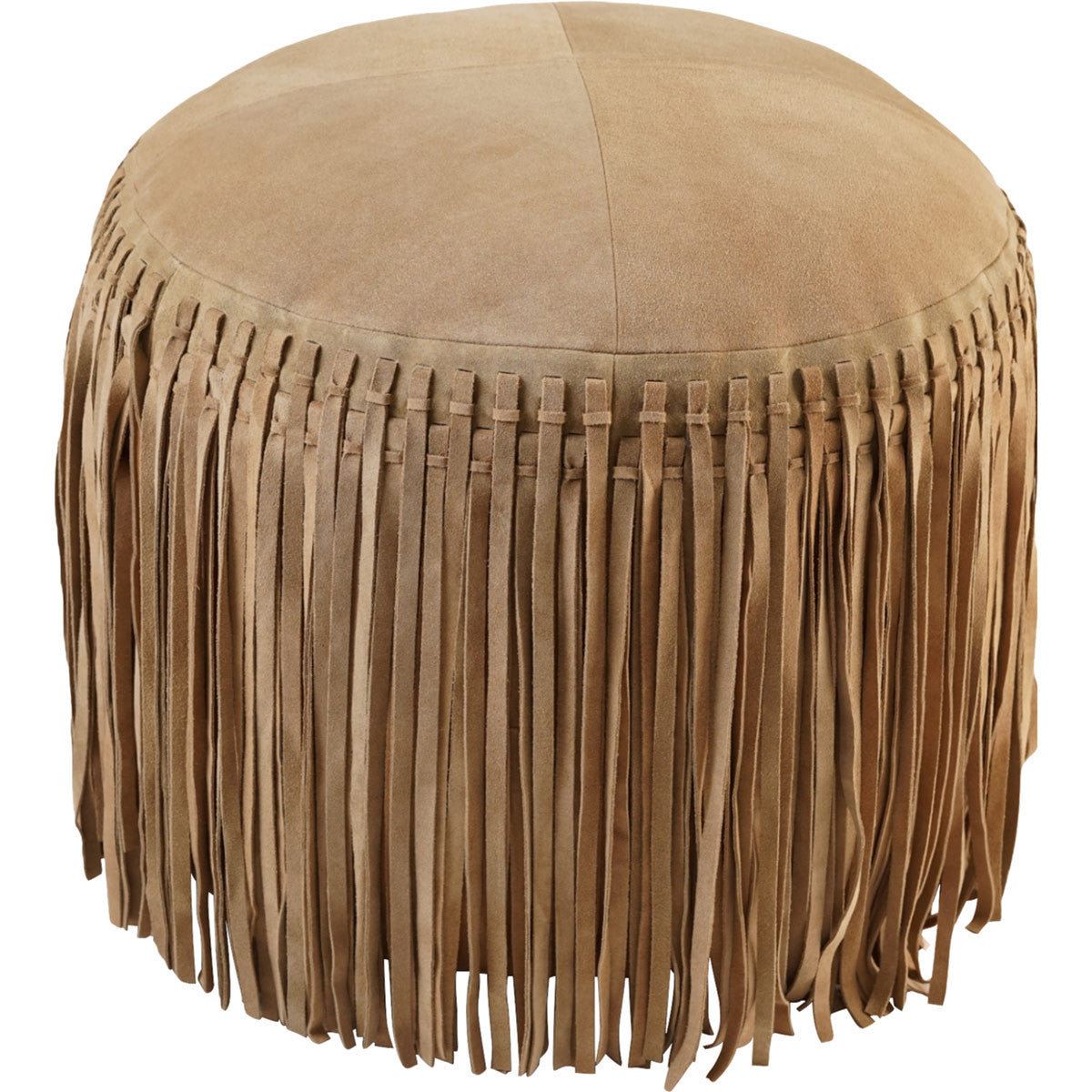Cheyenne Fringed Leather Pouf - Khaki