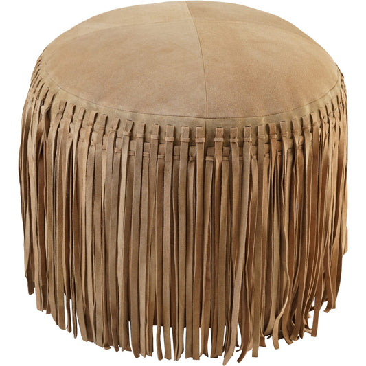 Cheyenne Fringed Leather Pouf - Khaki