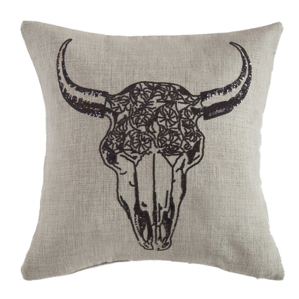 Sequin Floral Skull Pillow