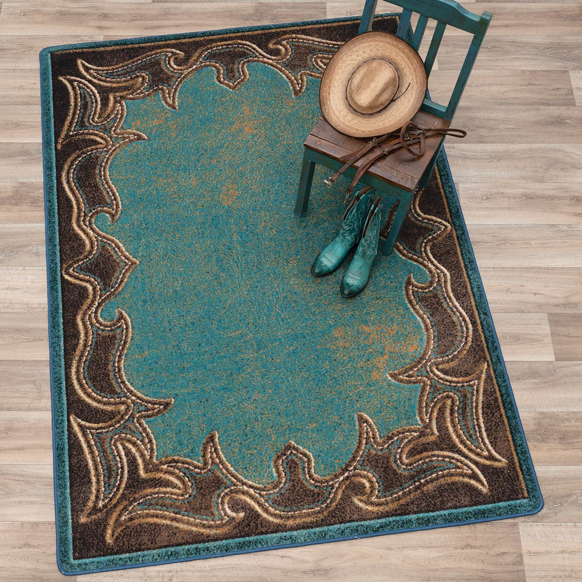 Western Stitched Turquoise Rug - 3 x 4