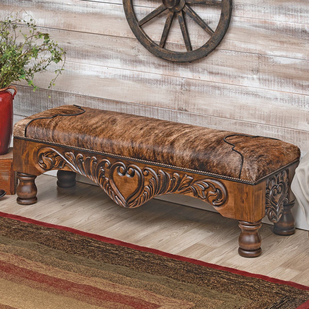 Western Scroll Carved Cowhide Bench