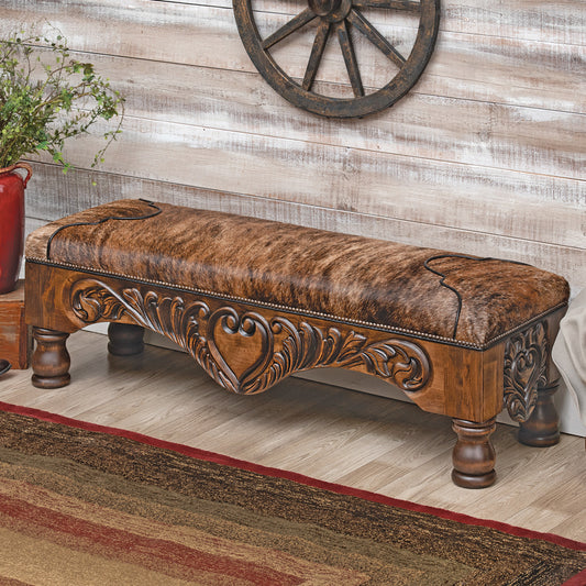Western Scroll Carved Cowhide Bench