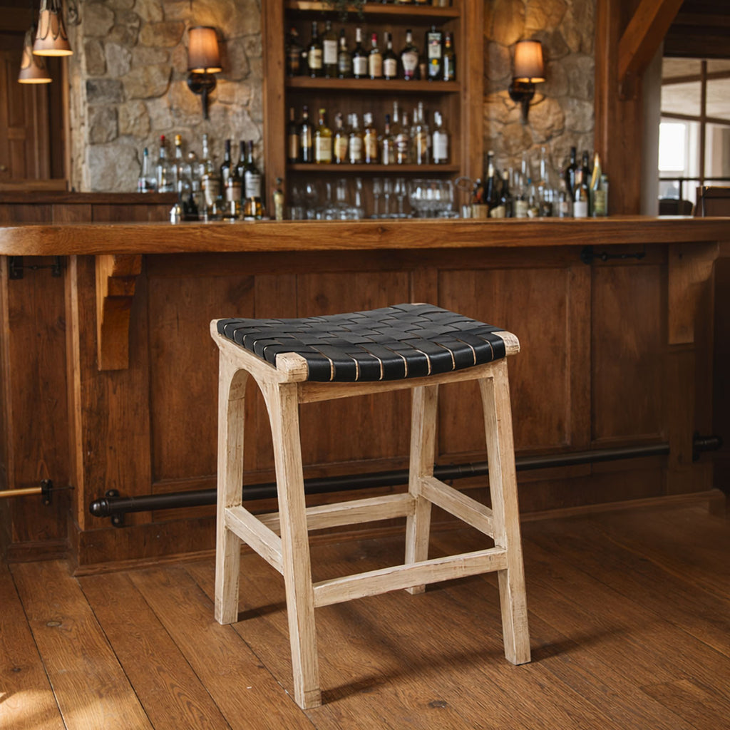 Tupelo Braided Leather Barstool - Black with Natural Finish