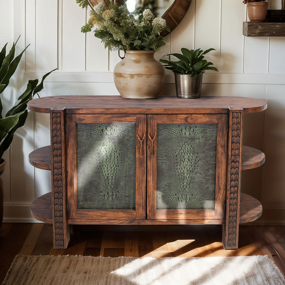 Trapper Wood Buffet with Embossed Leather Panels