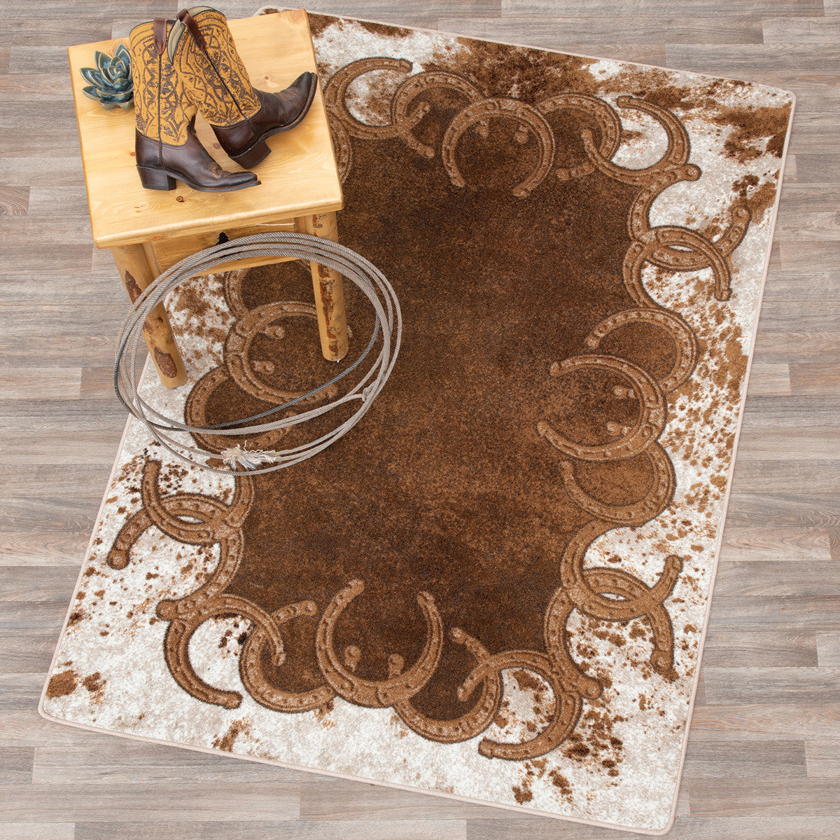 Horseshoe & Cowhide Brown Rug - 2 x 8
