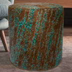 Distressed Turquoise Floral Cowhide Round Pouf