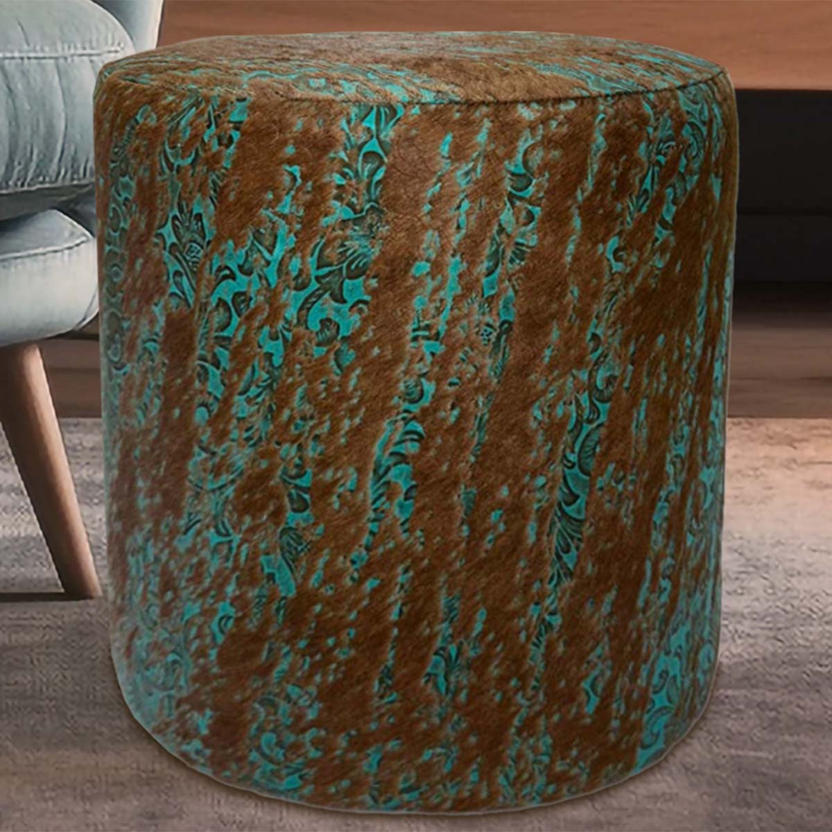 Distressed Turquoise Floral Cowhide Round Pouf