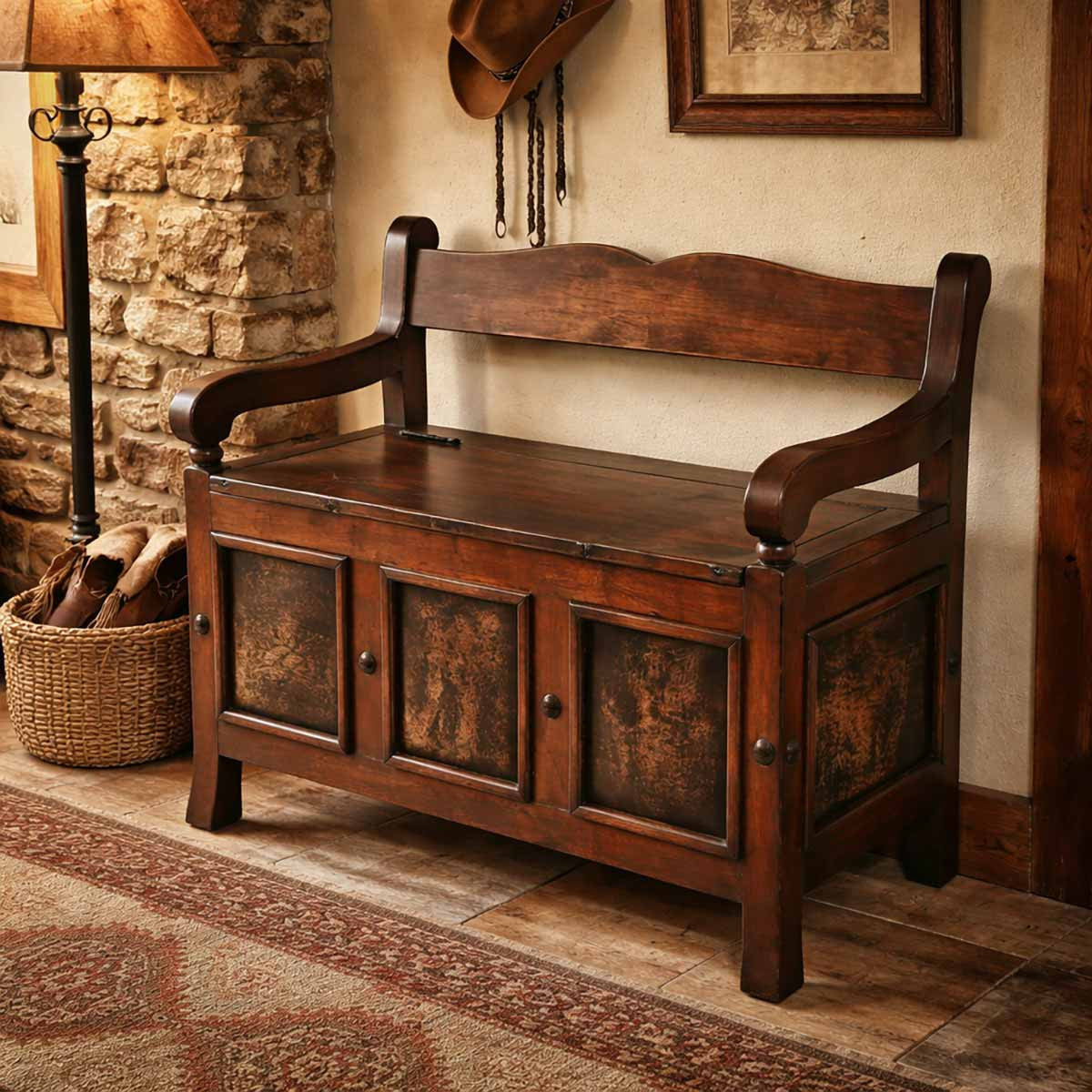 Township Solid Wood Storage Bench with Cowhide Panels