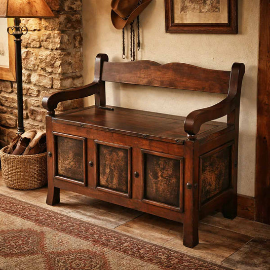 Township Solid Wood Storage Bench with Cowhide Panels