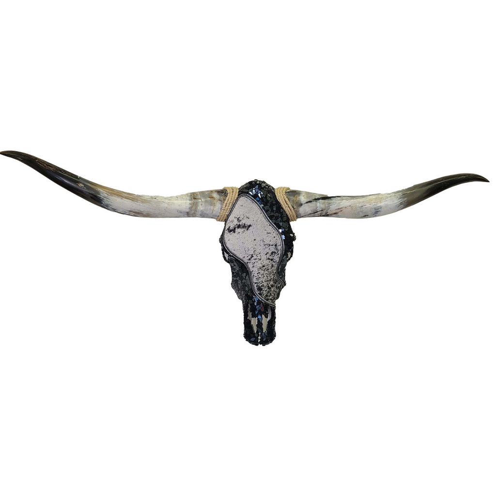 Authentic Longhorn Skull with Salt & Pepper Cowhide & Black Glass