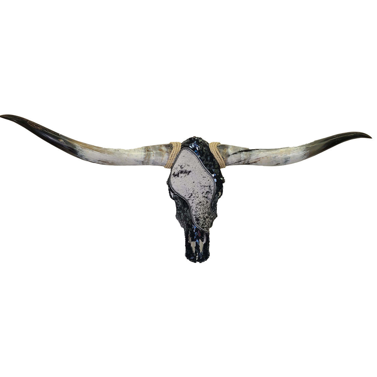 Authentic Longhorn Skull with Salt & Pepper Cowhide & Black Glass