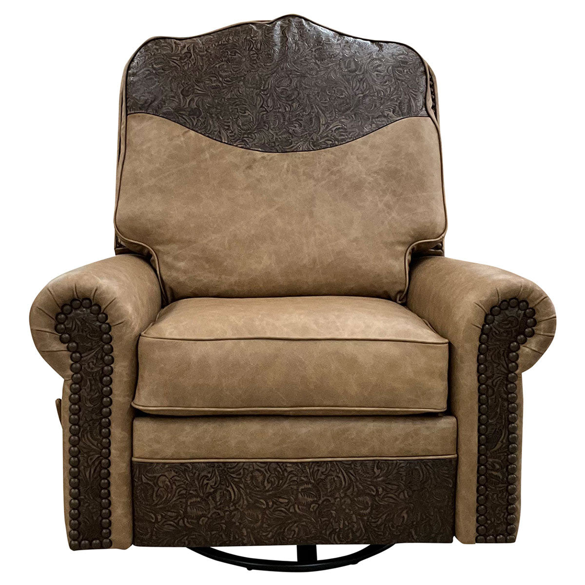 Frontiersman Swivel Recliner - Palio Camel Leather & Floral Bone Black Leather