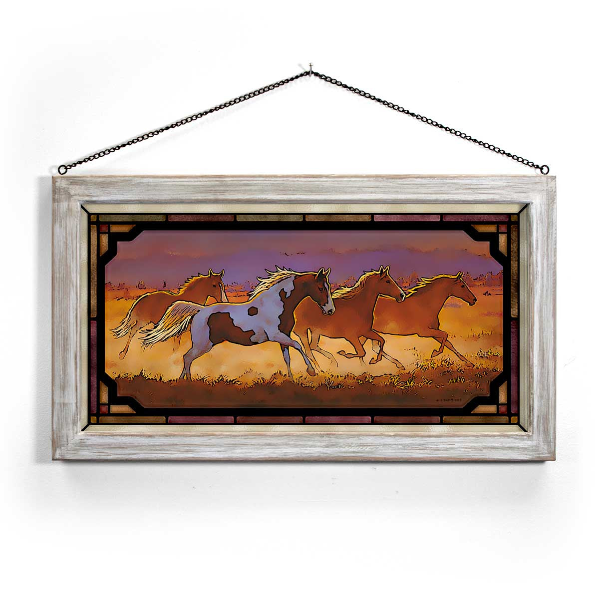 Sun Glow Stampede Stained Glass Art with White Frame