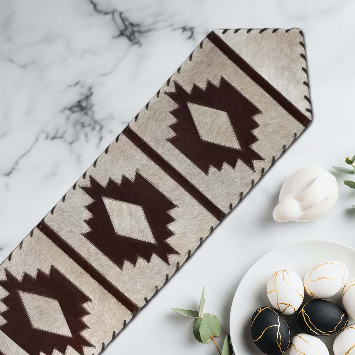 Ivory Step Pattern Cowhide Table Runner - 96 Inch