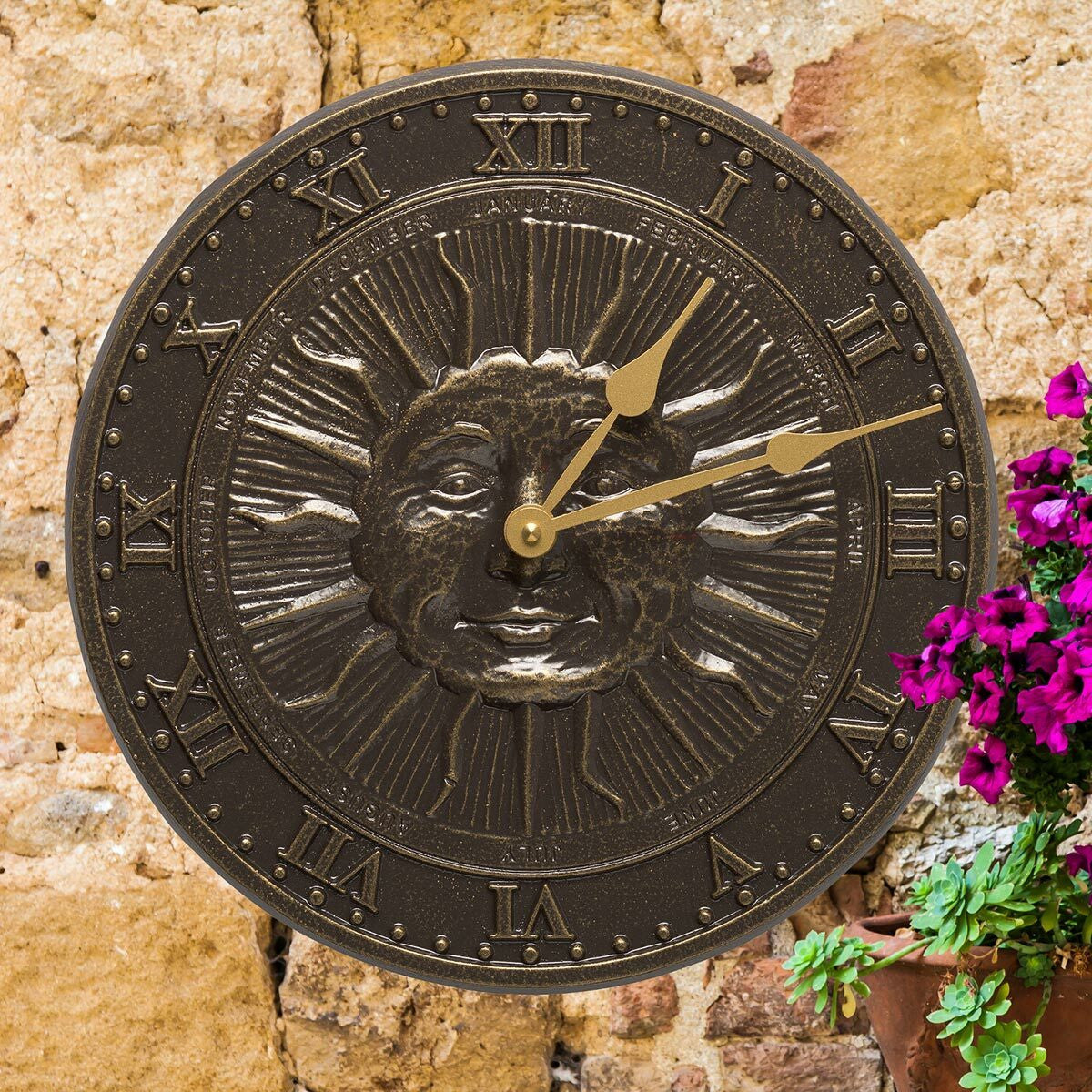 Sun Face Indoor/Outdoor Wall Clock - French Bronze