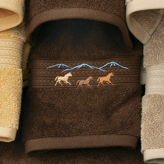 Running Horses Chocolate Embroidered Hand Towel