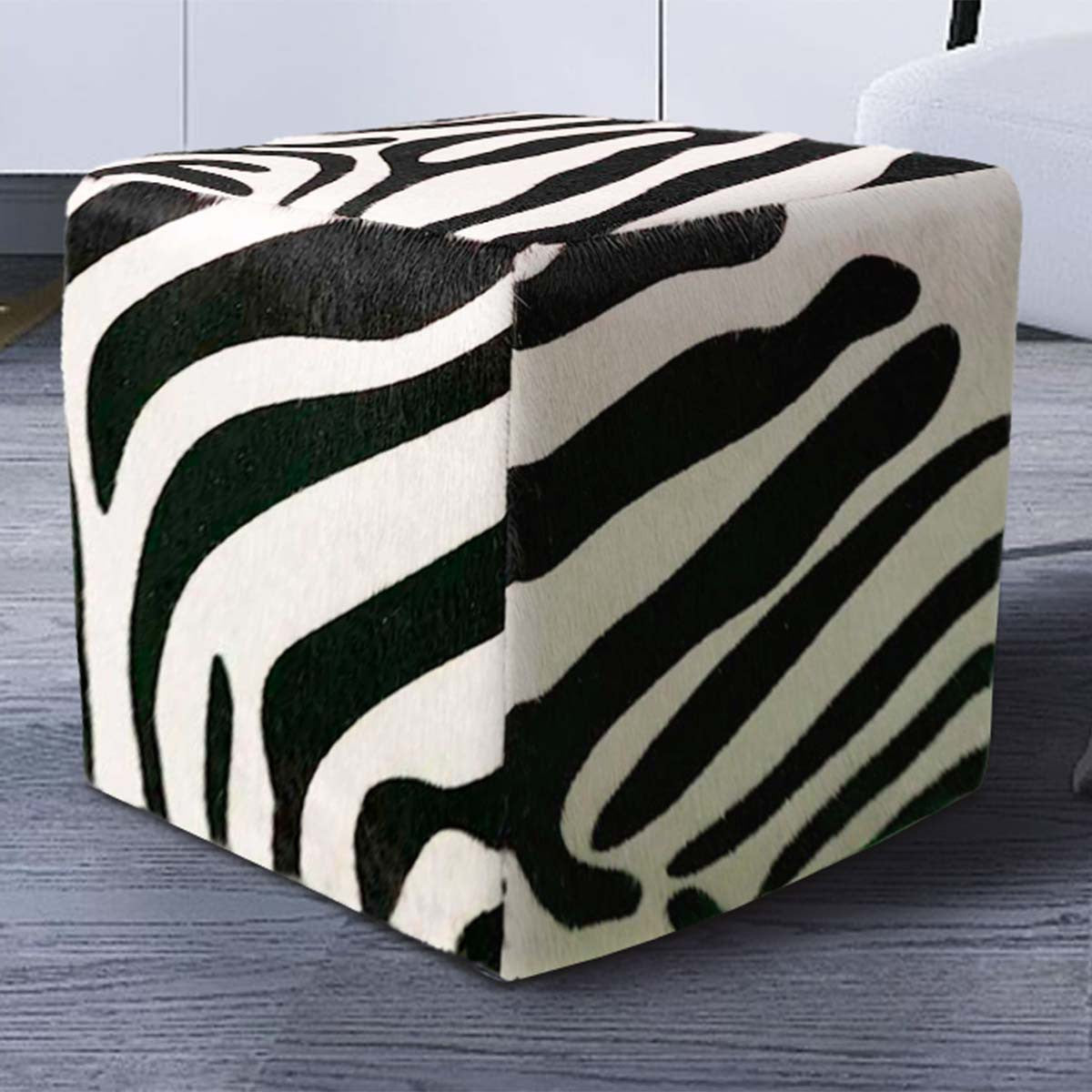 Zebra Cowhide Square Pouf