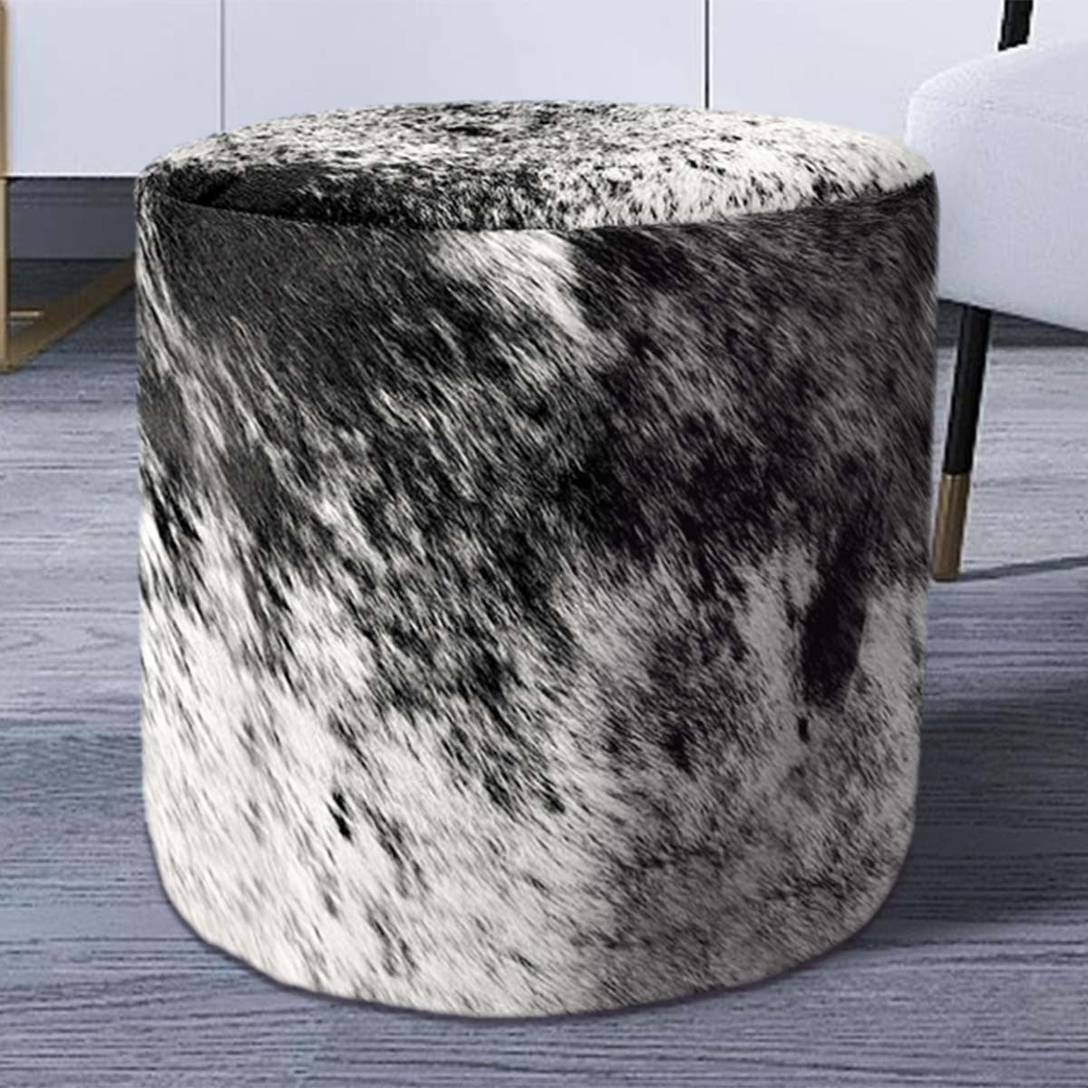 Salt & Pepper Cowhide Round Pouf