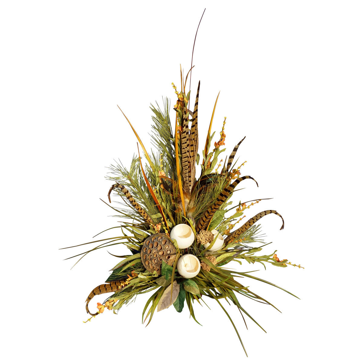 Greenery Arrangement with Pods and Feathers