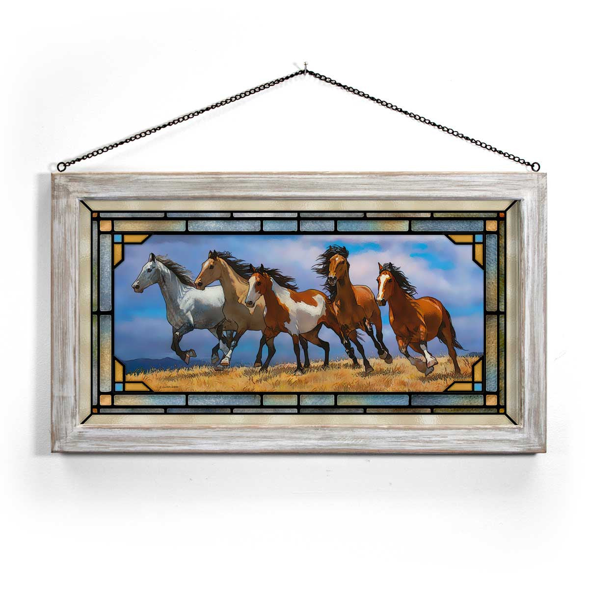 Over the Top Horses Stained Glass Art with White Frame