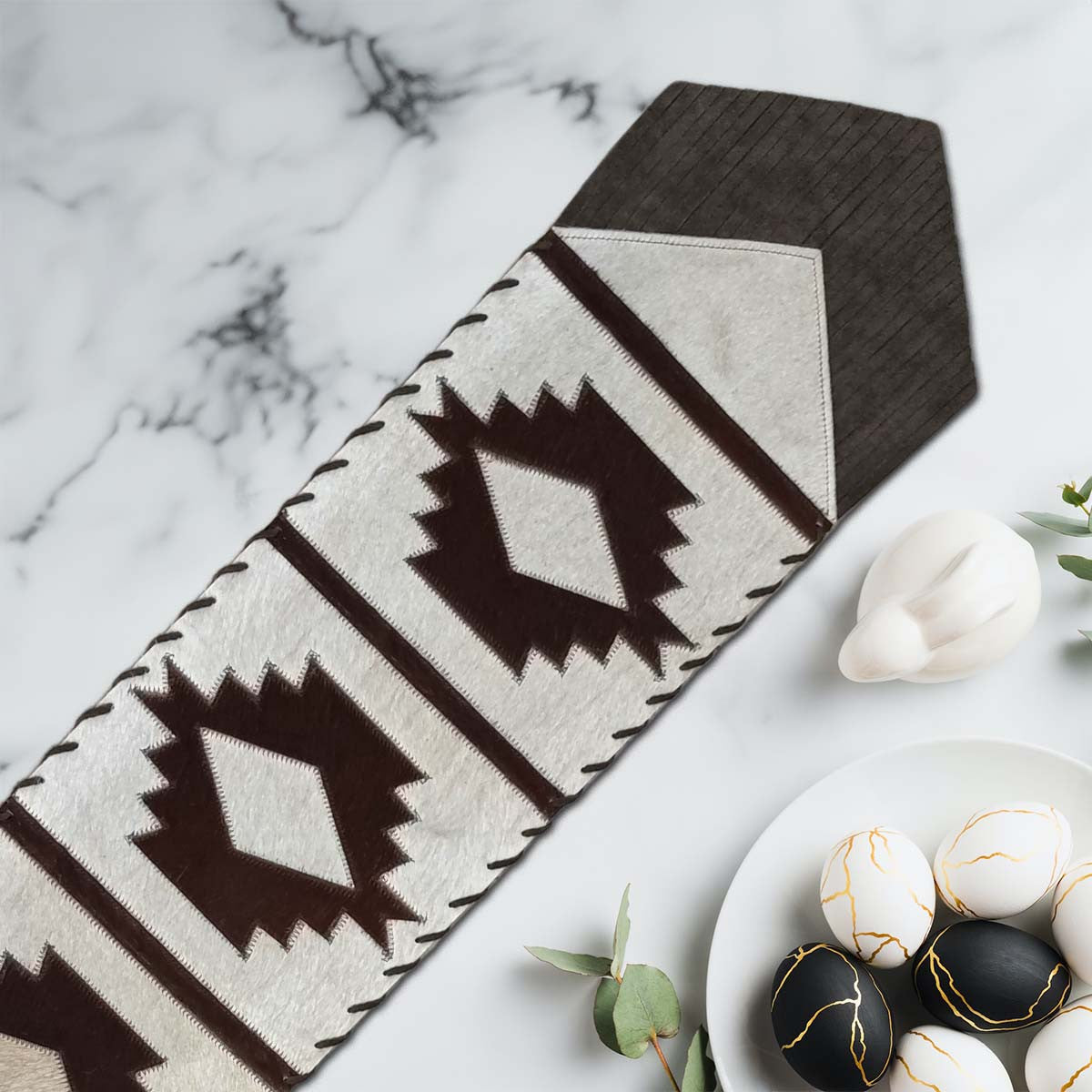Fringed Ivory Step Pattern Cowhide Table Runner - 96 Inch