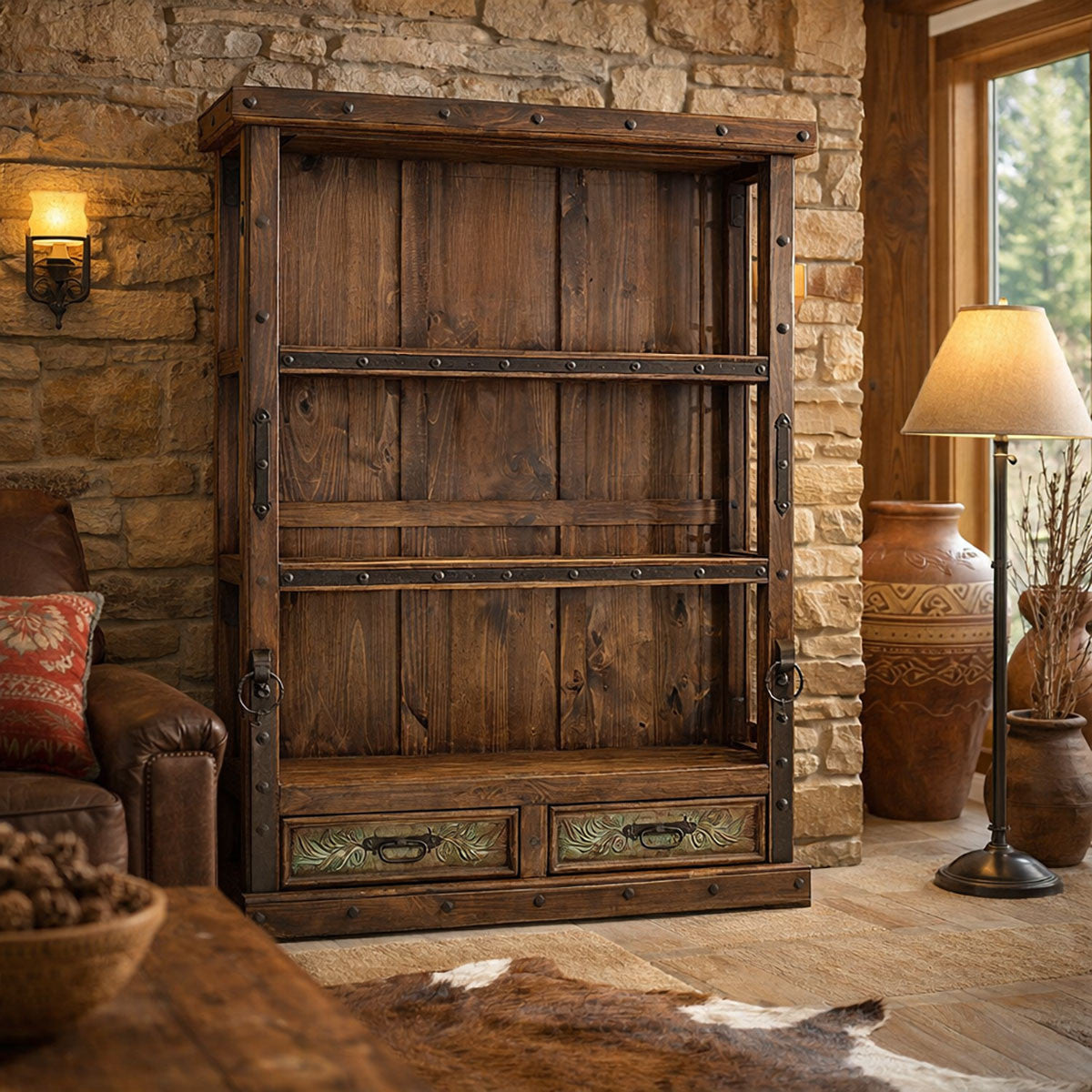 Lake House Wood Bookshelves with Copper Detail