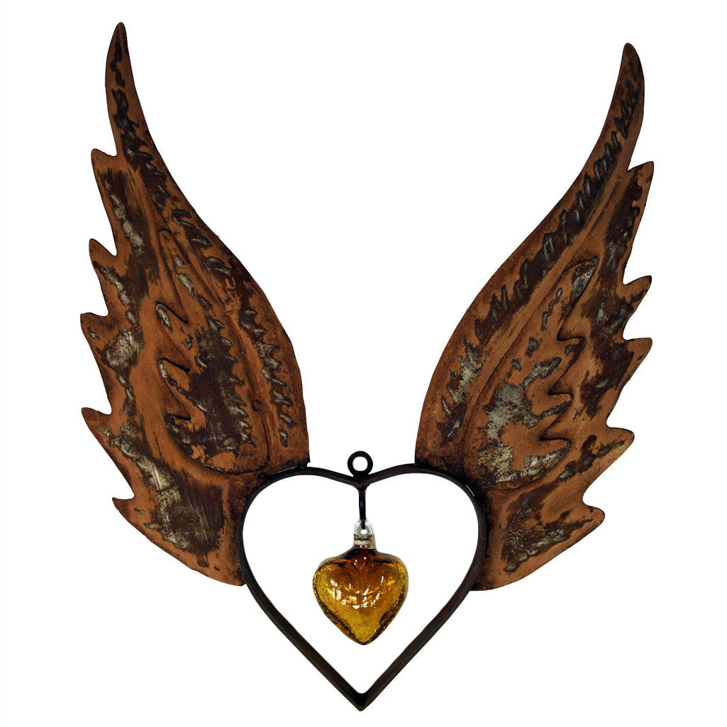 Angel Wings Up Heart with Amber Glass Heart - XL