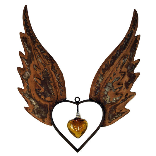 Angel Wings Up Heart with Amber Glass Heart - XL