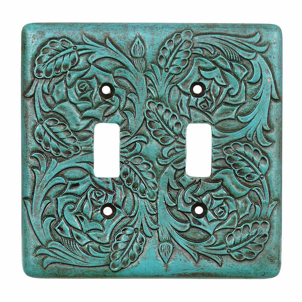 Turquoise Tooled Leather Double Switch Cover - SALE