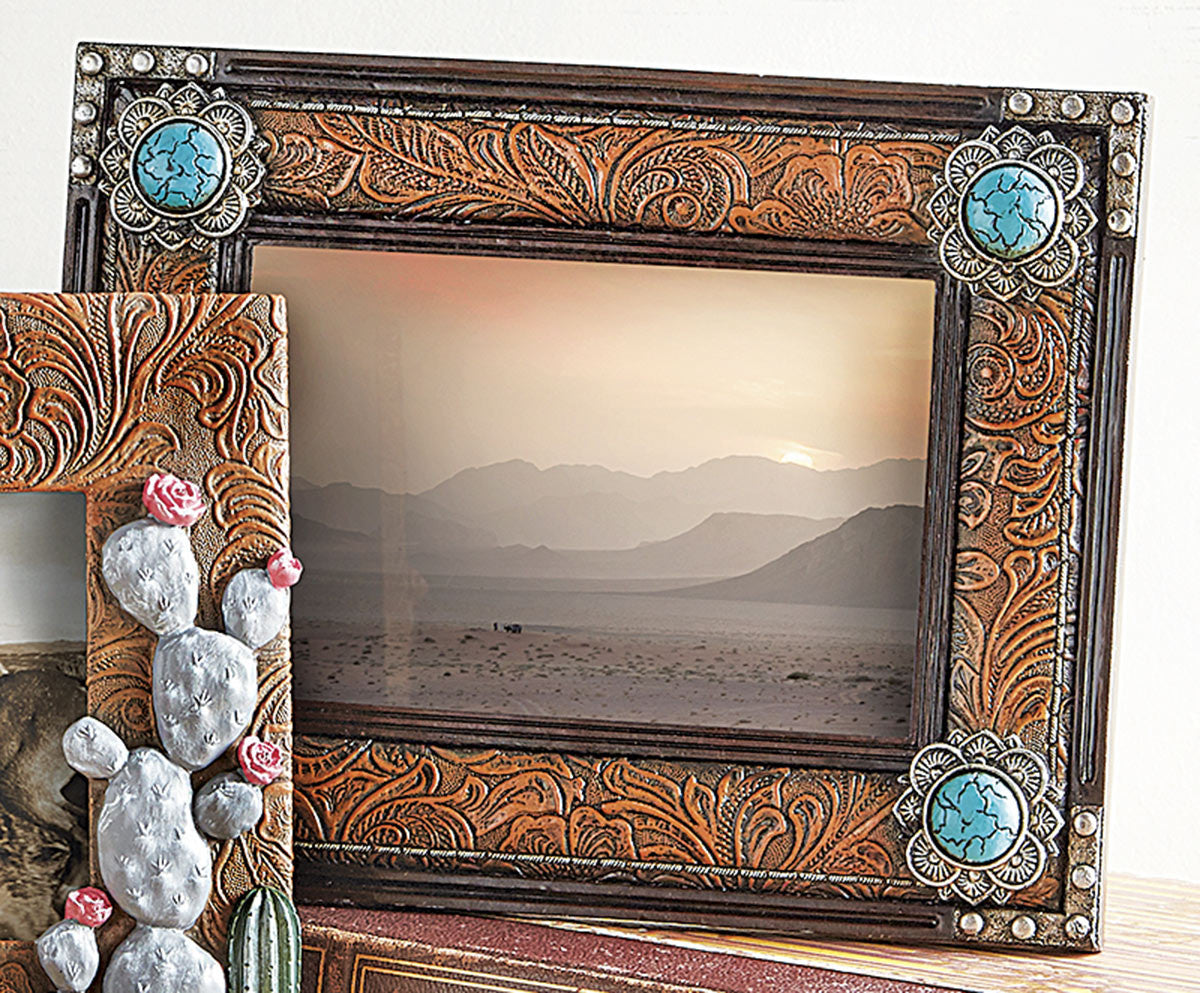 Turquoise Stone Tooled Leather Photo Frame - OUT OF STOCK UNTIL 06/20/2026