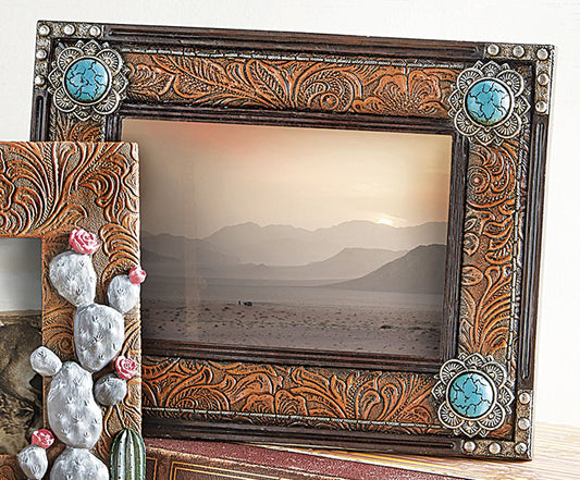 Turquoise Stone Tooled Leather Photo Frame - OUT OF STOCK