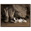 Cowboy Puppy Sepia Framed Canvas